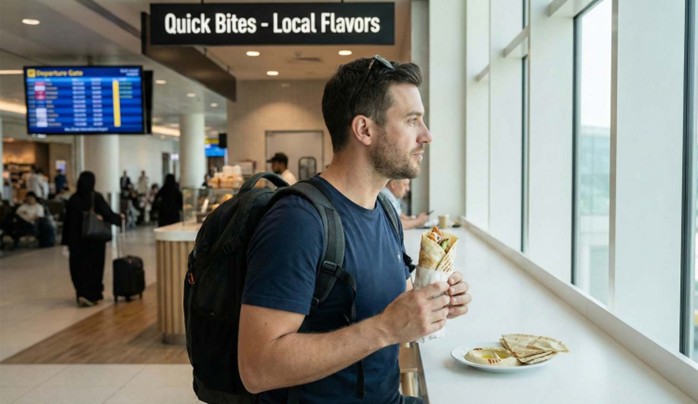 A traveler with a backpack enjoys a quick meal of a wrap and hummus at an airport cafe, representing one of the practical tips covered in the 'What to See on an Abu Dhabi Layover (Quick Guide)'