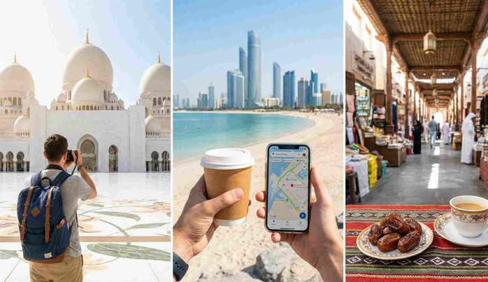 A traveler looking out at the Sheikh Zayed Grand Mosque and the city skyline, visually summarizing What to See on an Abu Dhabi Layover (Quick Guide).