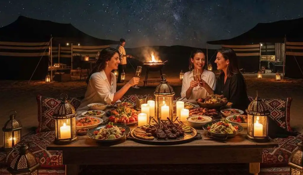 A group of guests enjoying a lavish Arabic BBQ dinner at a candlelit table, showcasing the final stop on an Evening Desert Safari Abu Dhabi Itinerary with a starry night sky and desert camp in the background.