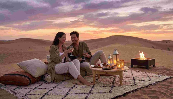 A couple enjoying a romantic sunset moment with drinks and a cozy fire pit on a rug in the desert, illustrating a luxury Sunset Dune Dinner Abu Dhabi Private Experience.
