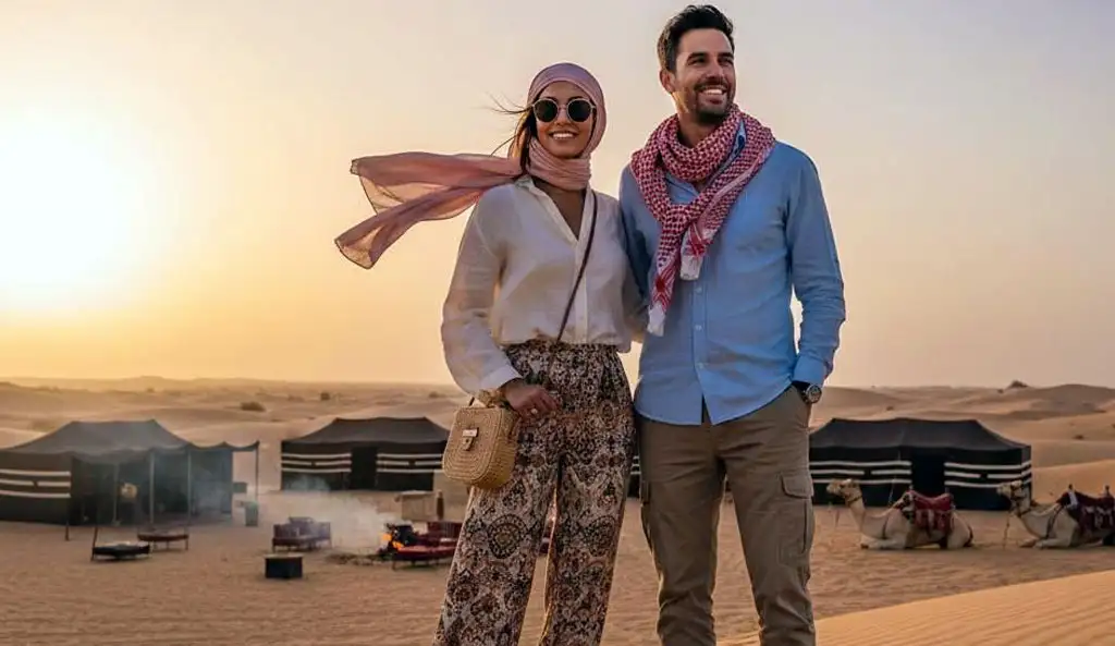 A stylish couple standing on a sand dune at sunset showcasing what to wear on an overnight desert safari in Abu Dhabi, featuring breathable linen shirts, light trousers, and traditional scarves with a Bedouin camp in the background.