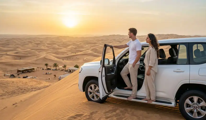A couple standing by a luxury 4x4 vehicle on golden sand dunes, enjoying a breathtaking sunset view during their Abu Dhabi desert safari experience.
