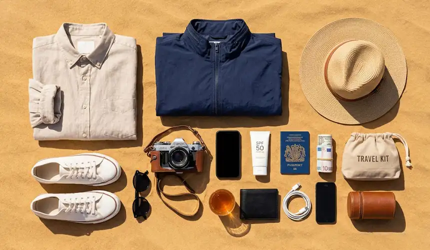 A flat lay of desert safari travel essentials, including a linen shirt, jacket, hat, camera, sunglasses, sunscreen, passport, and travel kit on desert sand.