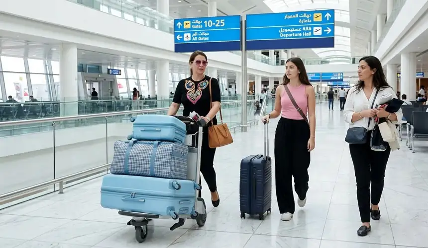Three young women pulling colorful suitcases and walking together through a modern airport departure hall with bilingual Arabic-English signage.