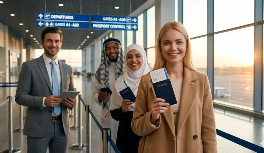 Diverse group of travelers, including a man in suit and women in traditional attire, smiling and holding passports at a modern airport departure area.